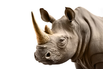 Wall Mural - White rhinoceros portrait isolated on white background. Wild African rhino face, detailed close up view. Africa safari wildlife