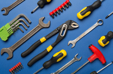 Sticker - Set of tools on color background, top view