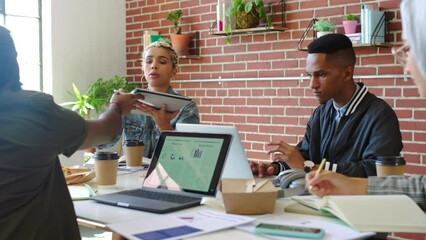 Aufkleber - Teamwork, diversity and a marketing startup team working together on finance report. Collaboration, men and women in office brainstorming. Laptop, tablet and charts, young people meeting and planning