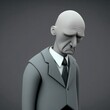 © Justlight - bald man with a sad expression, wearing a grey suit, against a black wall digital character avatar AI generation.