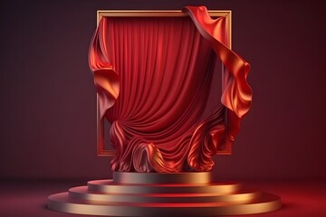 Red color podium, pedestal, stage, or dias for product display, exhibition, or photography in a modern and elegant studio settings with drapes, and curtains backdrop