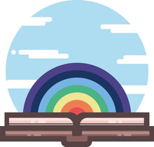 Book Flat Icon. Open Book With A Rainbow Inside On Blue Sky Round Background. Metaphore Of A Life-affirming And Breathtaking Literature. Pleasure Of Reading. Children's Books. Fantasy Literature