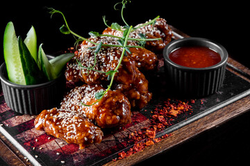 Sticker - fried bbq chicken wings on wooden plate