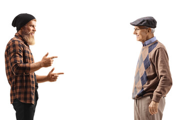 Wall Mural - Profile shot of a young bearded guy talking to an elderly man