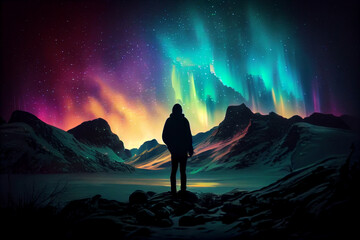 silhouette of a person in the mountains watching the beautiful aurora borealis in the sky.generative