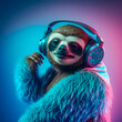 Fashionable portrait of anthropomorphic cute sloth dj illustration Generative AI