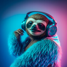 Fashionable Portrait Of Anthropomorphic Cute Sloth Dj Illustration Generative AI