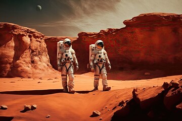 Wall Mural - astronauts on mars in spacesuits walk across the martian desert. studies of the red planet. generati