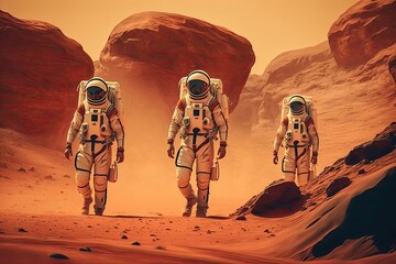 Wall Mural - astronauts on mars in spacesuits walk across the martian desert. studies of the red planet. generati