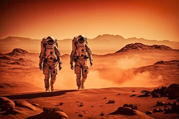 Wall Mural - astronauts on mars in spacesuits walk across the martian desert. studies of the red planet. generati
