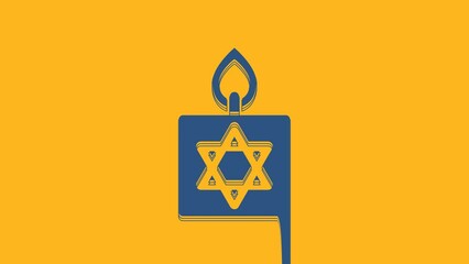 Sticker - Blue Burning candle in candlestick with star of david icon isolated on orange background. Cylindrical candle stick with burning flame. 4K Video motion graphic animation