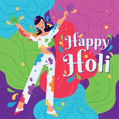 Wall Mural - Happy girl character with paint and powder Holi festival poster Vector illustration