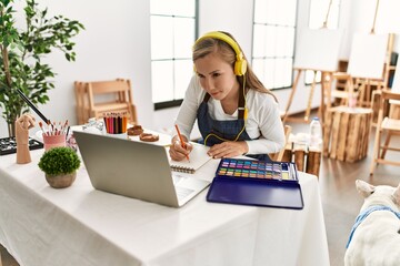 Poster - Young caucasian woman having online draw lesson at art studio