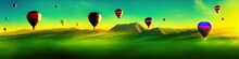 Flying Hot Air Balloons Fly Over A Mountain Landscape With Green Meadows And Fields In The Valley. Vector Cartoon