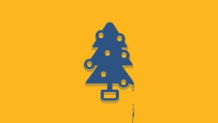 Poster - Blue Christmas tree with decorations icon isolated on orange background. Merry Christmas and Happy New Year. 4K Video motion graphic animation