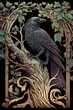 Art Nouveau Style Illustration of a Raven on a Leafy Autumn Branch with Swirls and Vines. [Storybook, Fantasy, Historic, Cartoon Scene. Graphic Novel, Anime, Comic, or Manga Illustration.]
