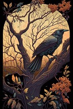 Art Nouveau Style Illustration Of A Crow On A Autumn Branch With Swirls And Vines. [Storybook, Fantasy, Historic, Cartoon Scene. Graphic Novel, Anime, Comic, Or Manga Illustration.]