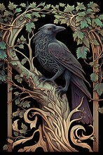 Art Nouveau Style Illustration Of A Raven On A Leafy Autumn Branch With Swirls And Vines. [Storybook, Fantasy, Historic, Cartoon Scene. Graphic Novel, Anime, Comic, Or Manga Illustration.]
