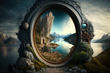 The Breath-Taking Vistas Behind a Storied Fantasy Mirror Generative AI