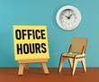 Office hours are shown using the text and photo of clock