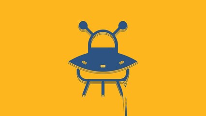 Poster - Blue UFO flying spaceship icon isolated on orange background. Flying saucer. Alien space ship. Futuristic unknown flying object. 4K Video motion graphic animation