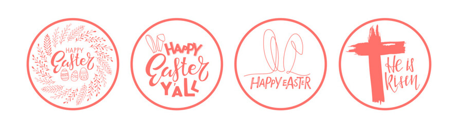 Wall Mural - Easter Sign set. Round Spring Door Hanger, greeting card, door sign, wall art decor template. Vector phrase with plant, rabbit ears, cross sketch isolated on white background to easter designs. 