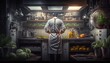 chef backview working in a kitchen, alone, cooking with smoke and kitchen items around. ai generative