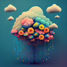 Colorful Flowers Raining From A Cloud And Unite With The Raindrops, Positive Emotion And Attitude, Hope And Self Care Concept, Generative AI
