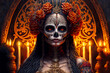 Day of the Dead woman portrait, skull face paint, candles. Generative AI