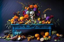 Day Of The Dead Ofrenda, Blue Table, Skull, Fruit, Flowers. Generative AI