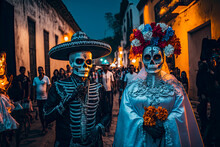 Day Of The Dead Parade, Night, Costumed Skeleton Couple, Bride And Groom. Generative AI