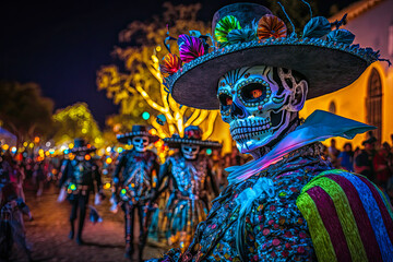 Day of the Dead parade, night, costumed skeleton man. Generative AI