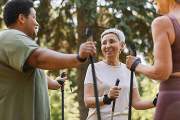 Wall Mural - Waist up portrait of smiling senior woman with group of friends walking with poles together