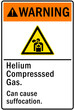 Helium hazard sign and labels helium compressed gas, can cause suffocation