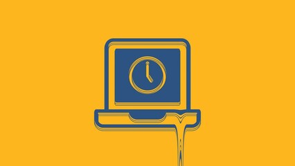 Sticker - Blue Laptop time icon isolated on orange background. Computer notebook with empty screen sign. 4K Video motion graphic animation