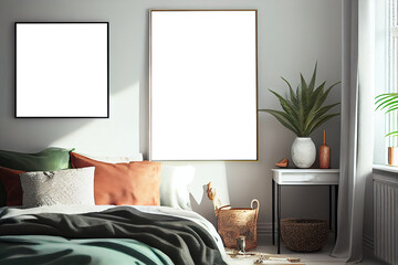 Interior picture frames, mockups in modern bedroom at cosy home. Wall arts mock-ups, bed with pillows and blanket. Generative AI