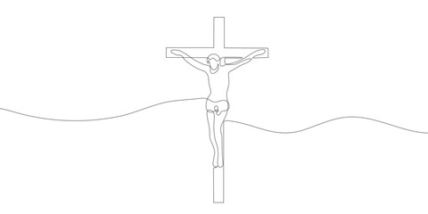 Wall Mural - Jesus on the cross drawn by one line. Christian symbol.