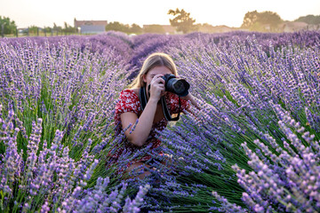 a young beautiful female professional photographer taking pictures in a lavender field on a scenic s