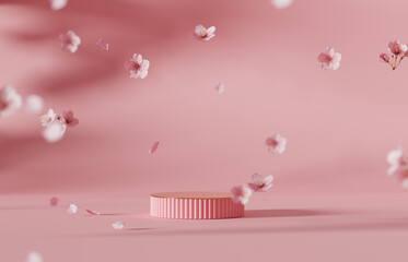 Wall Mural - 3D background, pink podium display. Sakura pink flower falling. Cosmetic or beauty product promotion step floral, pastel pedestal. Abstract minimal advertise. 3D render copy space spring mockup.