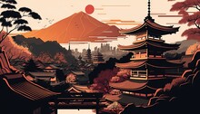 Kyoto From Japan Illustration Abstract Colorful Background Landscape Of Mountains, Sakura Trees, And Moon Illustration, Gradient Colors, Dreamy Background, Japanese Buildings Silhouette Foreground.