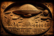 Old Egyptian hieroglyphs with UFO Aliens on ancient background. Concept humanoid Flying saucer history of Earth. Generation AI
