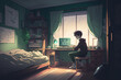 © Boadicea - Anime guy sitting on bed in his bedroom. AI generated image.