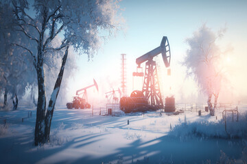 Oil pumps on frosty winter landscape with sun light . Fuel, petroleum industry equipment with snow. Generation AI