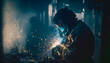 © Adin - Worker welder with protective mask welding metal, sunlight spark hot metal. Industry weld factory. Generation AI