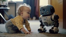 Niedlicher Roboter Passt Auf Baby Auf. Babysitter Der Zukunft.