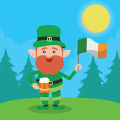 Leprechaun with mug if it's beer. Saint Patrick's Day symbol. Vector illustration.Isolated on white background.