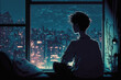 © Boadicea - Anime guy sitting on window and looking at the night city. AI generated image.