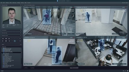 Playback CCTV cameras in coworking office on computer screen. Interface of AI futuristic program with personal profiles and recognition system. Security cam. Concept of identification and tracking.
