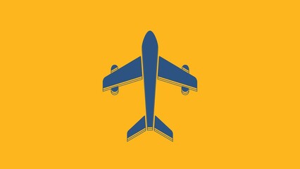 Poster - Blue Plane icon isolated on orange background. Flying airplane. Airliner insurance. Security, safety, protection, protect concept. 4K Video motion graphic animation