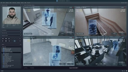 Playback CCTV cameras in business office on computer screen. Interface of AI futuristic program with information and recognition system. Security cameras. Concept of identification and tracking.